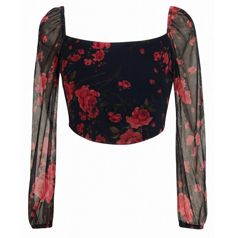 Black & Red Floral Mesh Corset-Back Crop Top – Romantic Sheer Long Sleeve Blouse